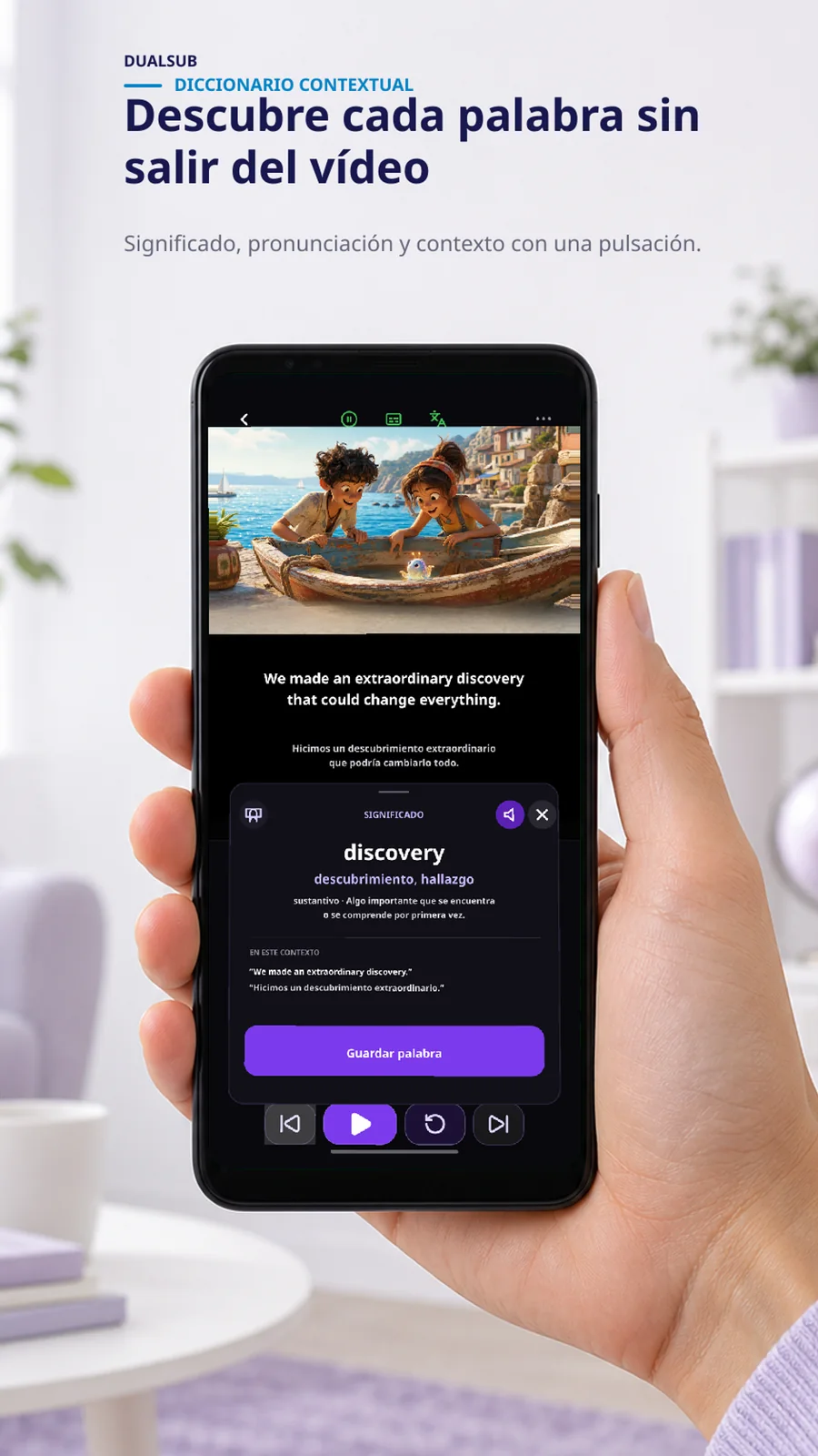 Diccionario contextual de DualSub abierto bajo el subtítulo de un vídeo